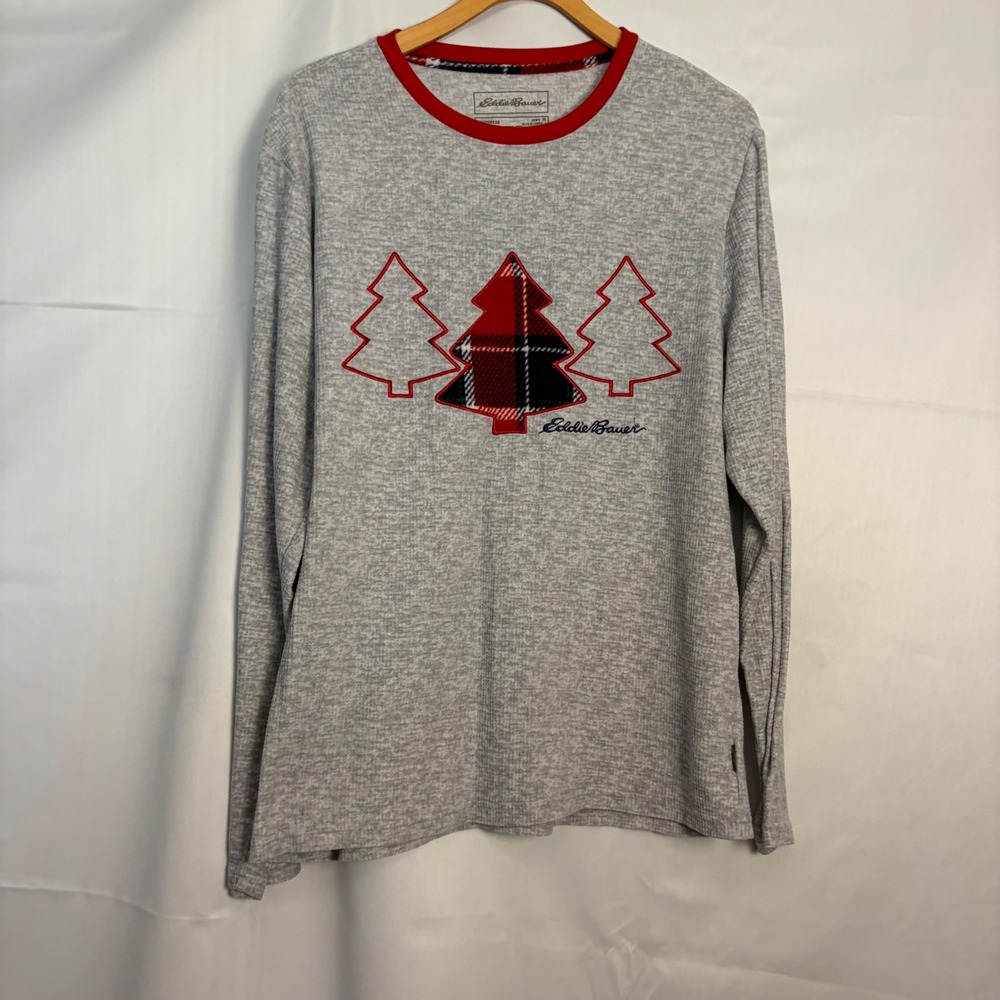 Eddie Bauer Mens Gray Waffle Knit Sleep Shirt Christmas Tree Plaid Medium